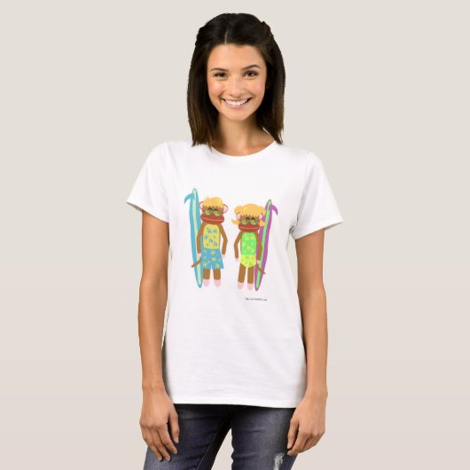 Twee Surfer Monkeys Cute Cartoon Illustratie T-shirt (Voorkant volledig)