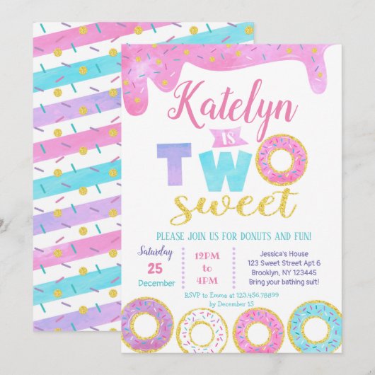 Twee Sweet Donut 2e verjaardag uitnodigingen (Voorkant / Achterkant)