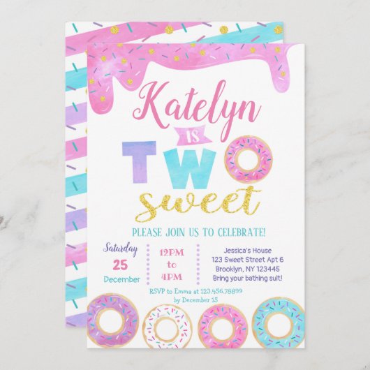 Twee Sweet Donut 2e verjaardag uitnodigingen (Voorkant / Achterkant)