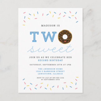 Twee Sweet Donut en Sprinkles Blue 2e verjaardag Uitnodiging Briefkaart