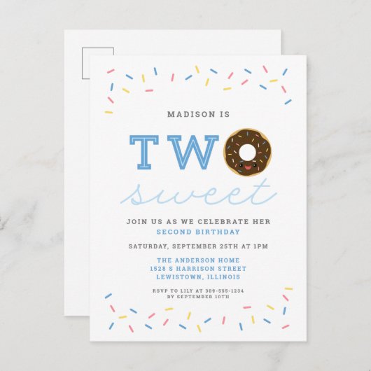 Twee Sweet Donut en Sprinkles Blue 2e verjaardag Uitnodiging Briefkaart (Voorkant / Achterkant)