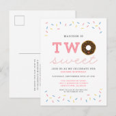 Twee Sweet Donut en Sprinkles Roze 2e Verjaardag Uitnodiging Briefkaart (Voorkant / Achterkant)