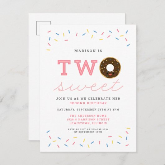 Twee Sweet Donut en Sprinkles Roze 2e Verjaardag Uitnodiging Briefkaart (Voorkant / Achterkant)
