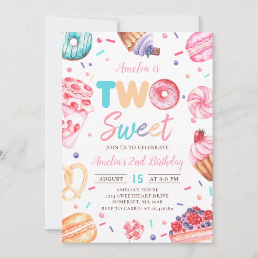 Twee Sweet Donut Snoep 2e Verjaardagsuitnodiging Kaart (Voorkant)