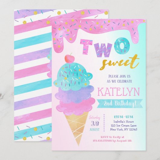 Twee Sweet Ice Cream verjaardagsfeestje uitnodigin Kaart (Voorkant / Achterkant)