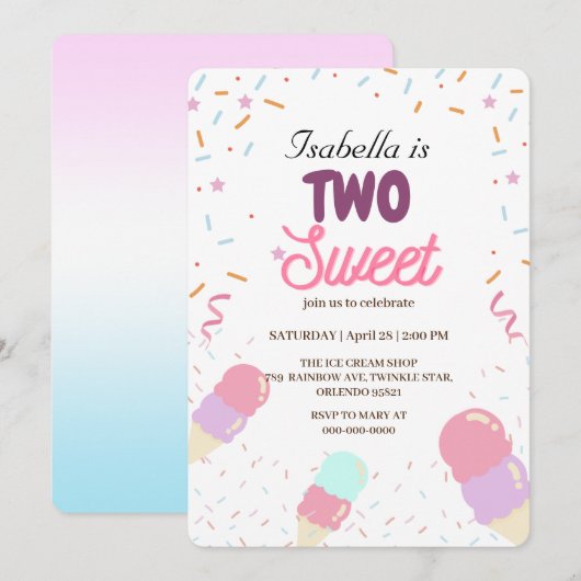 Twee Sweet ijs en Sprinkle 2e Verjaardag Meisje Kaart (Voorkant / Achterkant)