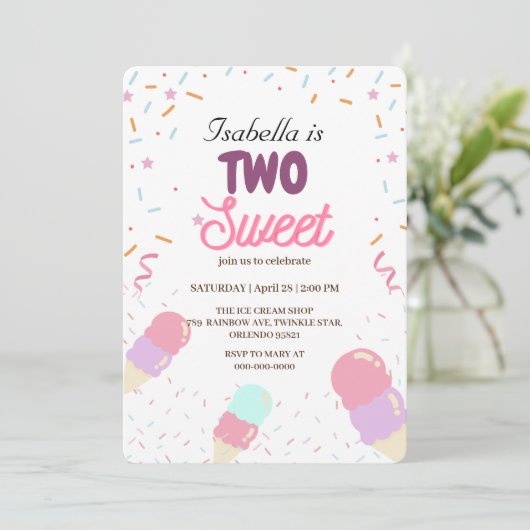Twee Sweet ijs en Sprinkle 2e Verjaardag Meisje Kaart (Staand voorkant)