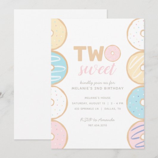 Twee Sweet Pastel Donut Birthday Party Invitation Kaart (Voorkant / Achterkant)