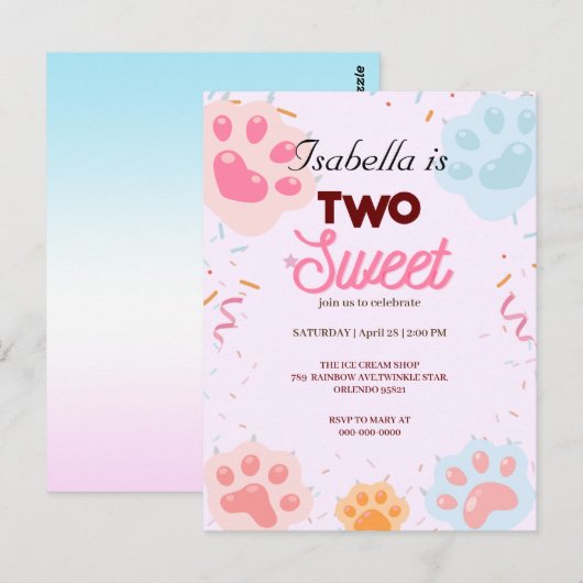Twee Sweet PAW kat en Sprinkles 2e Verjaardag Girl Briefkaart (Voorkant / Achterkant)