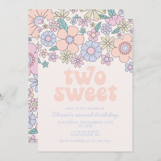 Twee Sweet Retro Floral 2e verjaardag Uitnodiging (Voorkant / Achterkant)