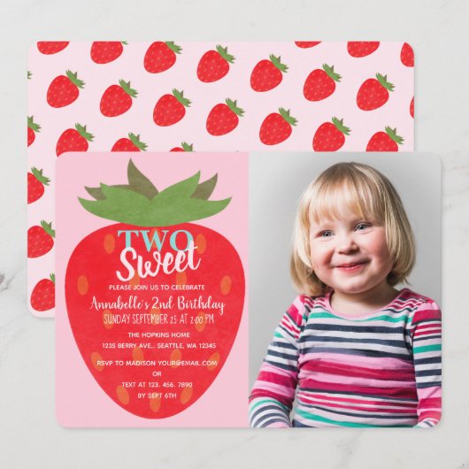 Twee Sweet Strawberry Kinder Tweede Verjaardag Fot Kaart (Voorkant / Achterkant)
