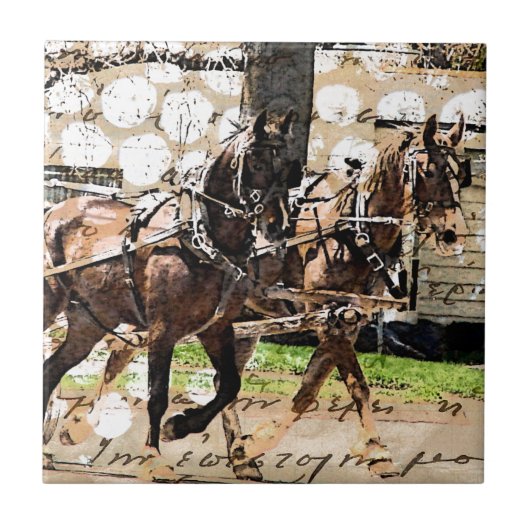 Twee teams van paarden Gemengde Media Collage Tegeltje (Voorkant)