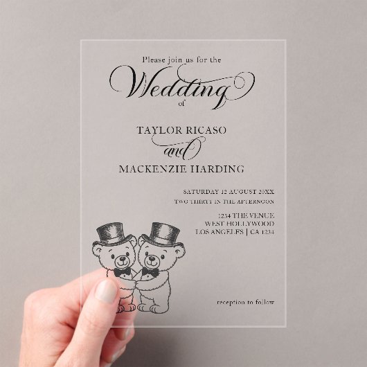 Twee Teddy Bear Grooms In Top Hats Wedding Acryl Uitnodigingen (Insitu (Draagbaar))