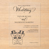 Twee Teddy Bear Grooms In Top Hats Wedding Acryl Uitnodigingen (Voorkant)