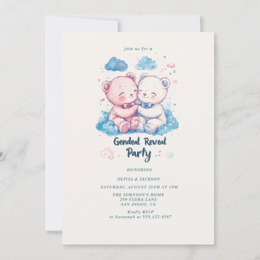 Twee Teddy Bears Gender Reveal Party Kaart (Voorkant)