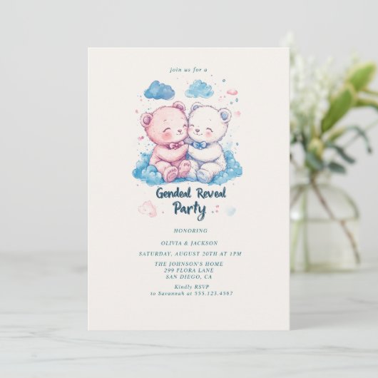 Twee Teddy Bears Gender Reveal Party Kaart (Staand voorkant)