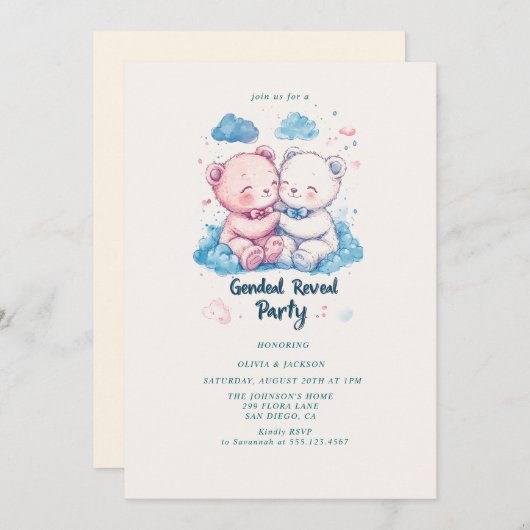 Twee Teddy Bears Gender Reveal Party Kaart (Voorkant / Achterkant)
