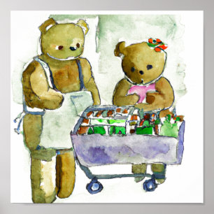 Twee Teddy Bears Shopping Art "Digital Download" Poster