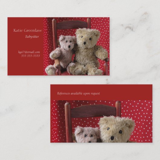 Twee teddyberen in een rode kinderstoel visitekaartje (Voorkant / Achterkant)