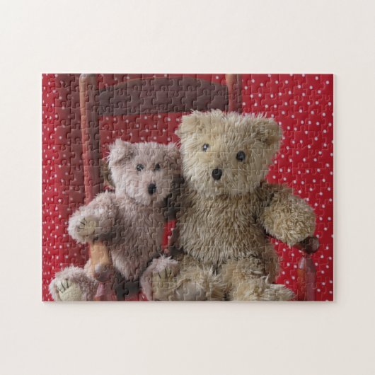 Twee teddyberen in een rode stoel puzzel (Horizontaal)