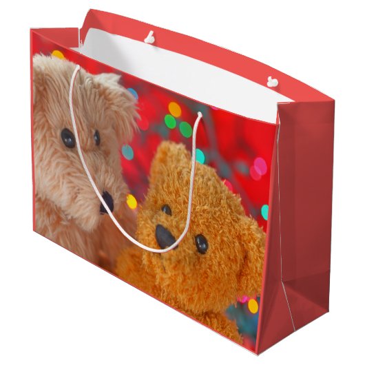 Twee teddyberen met kerstverlichting large cadeautasje (Achterkant Gekanteld)