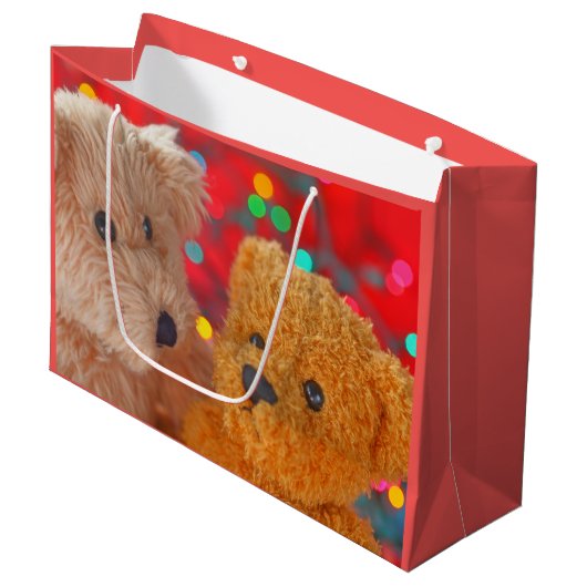 Twee teddyberen met kerstverlichting large cadeautasje (Voorkant Gekanteld)