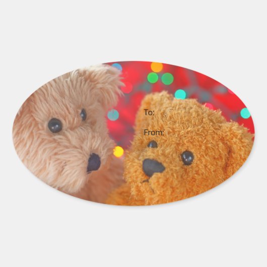 Twee teddyberen met kerstverlichting ovale sticker (Voorkant)
