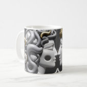 Twee tegengestelde hoofdelementen van hersenen en koffiemok (Voorkant links)