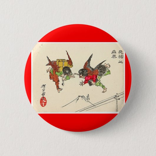 Twee Tengu-botsingen. Fuji background, c. 1882 Ronde Button 5,7 Cm (Voorkant)