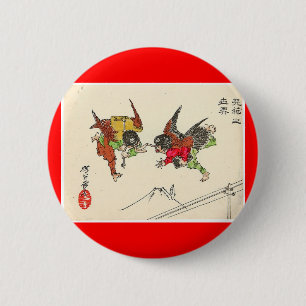 Twee Tengu-botsingen. Fuji background, c. 1882 Ronde Button 5,7 Cm