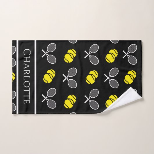 Twee Tennis Balls en White Rackets Pattern Black Handdoek (Handdoek)