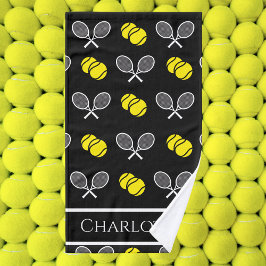 Twee Tennis Balls en White Rackets Pattern Black Handdoek