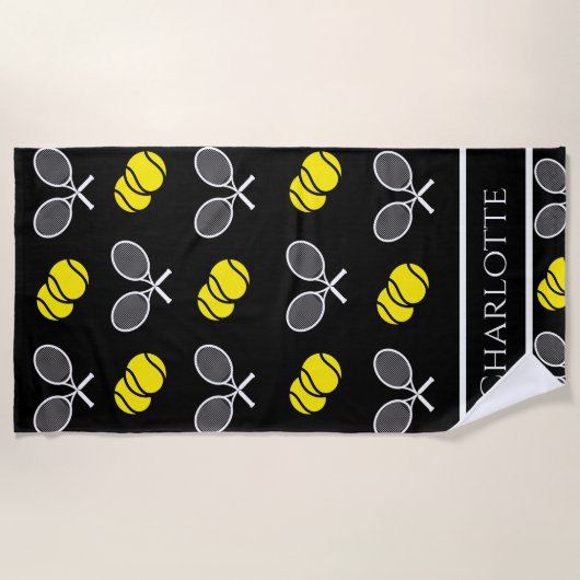 Twee Tennis Balls en wit Rackets Pattern Black H Strandlaken (Voorkant)