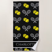 Twee Tennis Balls en wit Rackets Pattern Black H Strandlaken (Voorkant)