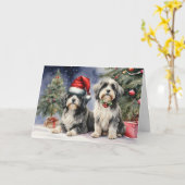 Twee Tibetaanse terriërs in Santa Hat Kaart (Gele Bloem)