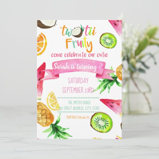 Twee Tii Fruity Verjaardag Kaart Uitnodiging Draai (Staand voorkant)