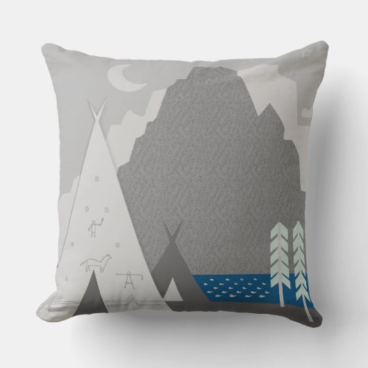 Twee tipi's drie dennenbomen berg maan kussen (Voorkant)