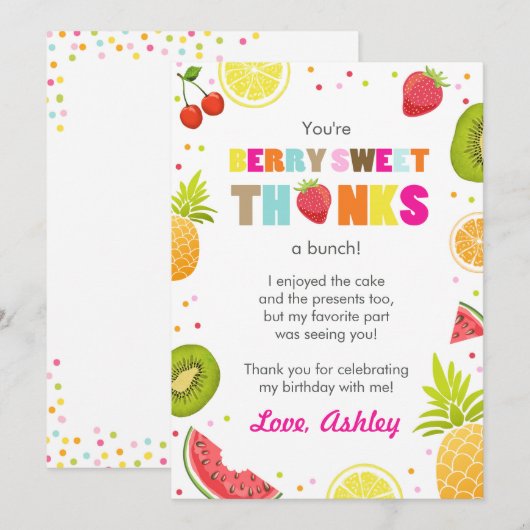 twee-tit Frutti Party Fruit verjaardag Dank u kaar Bedankkaart (Voorkant / Achterkant)