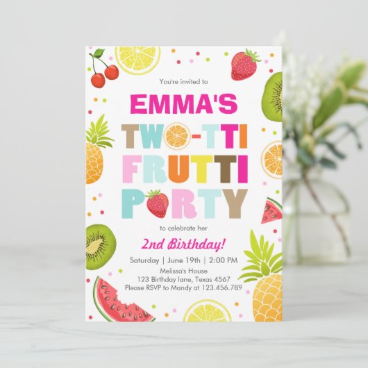 Twee-tit frutti party uitnodigen Tutti fruitige ve Kaart (Staand voorkant)