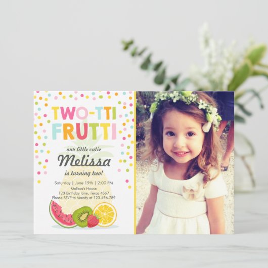 Twee-tit frutti party uitnodigen Tutti fruitige ve Kaart (Staand voorkant)