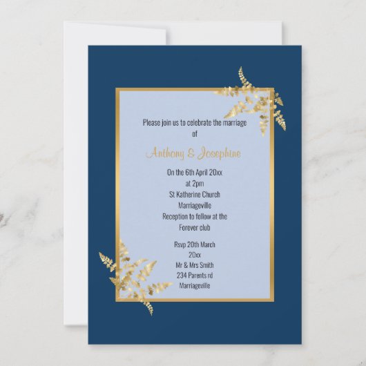 Twee Tone Blue Gold ELEGANT CLASSIC WEDING Kaart (Voorkant)