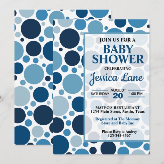 Twee Tone Blue Polka Dots Baby shower Uitnodiging (Voorkant / Achterkant)