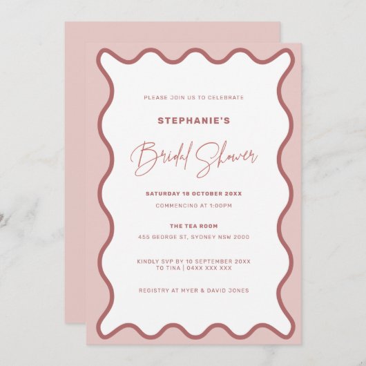 Twee Tones Roze Golflijn Rand Bruiloft Uitnodiging (Voorkant / Achterkant)