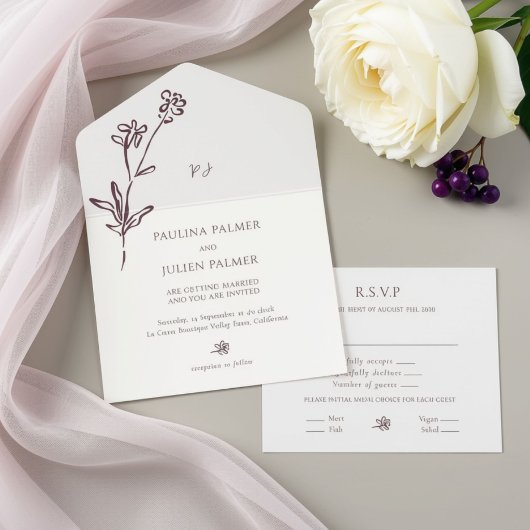 Twee-Tons | Elegante Bloemige Bruiloft All In One Uitnodiging