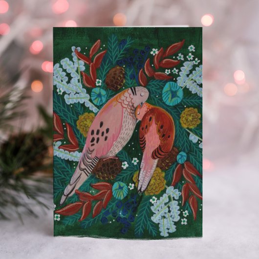 Twee tortelduiven bloemenslinger Kerstmis Feestdagen Kaart