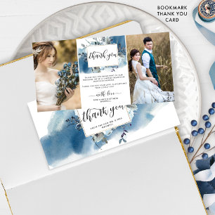Twee Trouwfoto Blauwe Aquarel Bloemstuk Bedankt