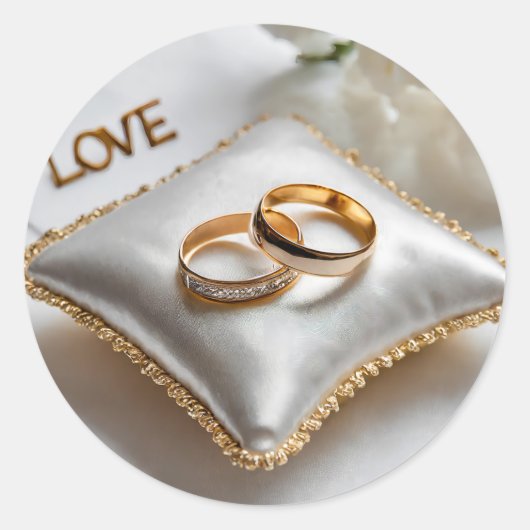 Twee trouwringen op een wit kussen ronde sticker (Voorkant)