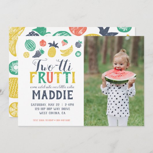 Twee-tti Fruiti Tweede Verjaardag Fotouitnodiging Kaart (Voorkant / Achterkant)