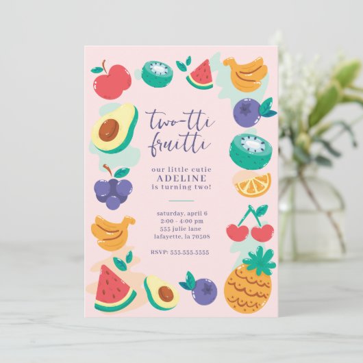 Twee-tti fruitig fruit tweede verjaardagsfeest kaart (Staand voorkant)