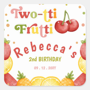 Twee-tti Frutti Fruity Fun Tweede Verjaardagsfeest Vierkante Sticker
